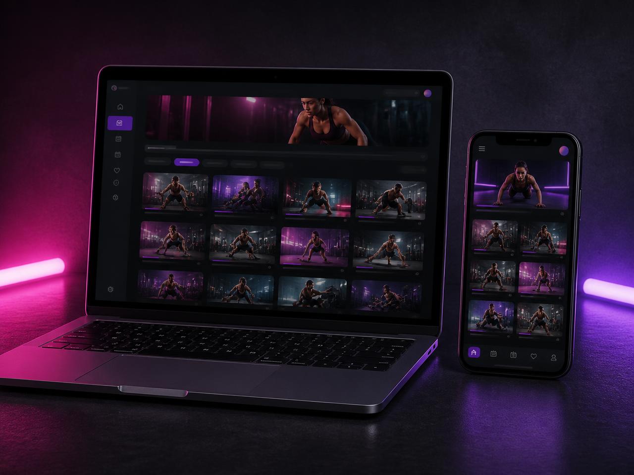 Plataforma fitness SomosFit en laptop y celular con biblioteca de ejercicios
